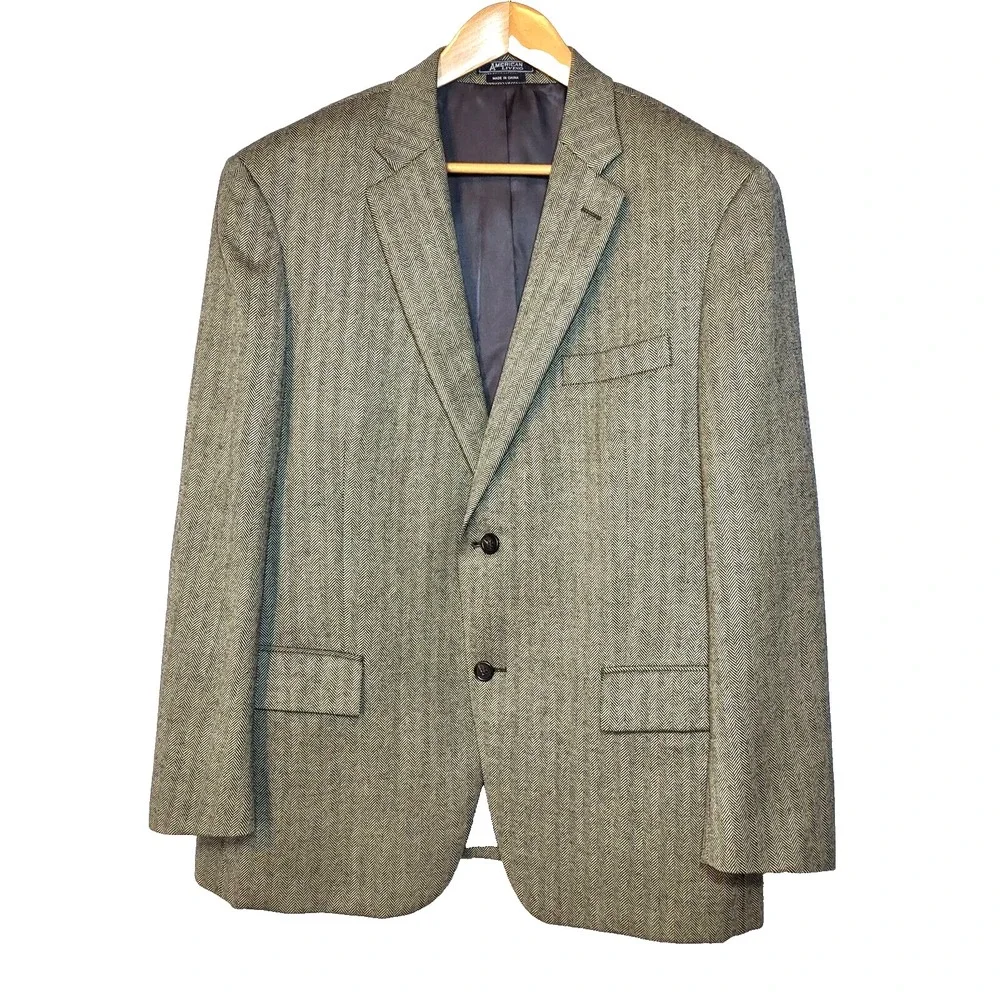 American Living Herringbone Black Cream Fitted Wool Blazer 2 Button Front 44S